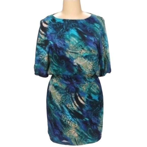 Bisou Bisou Cut Out Peacock Jewel Tone Off Shoulder SILK Mini Dress SZ 4 EUC - Picture 2 of 16